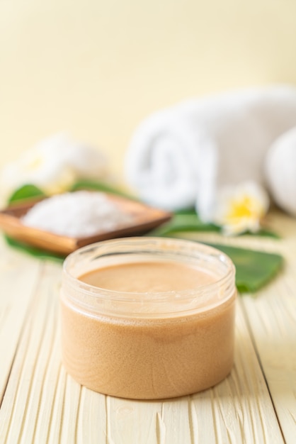 Spa treatments set on wooden table