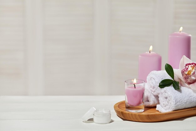 Spa treatments on white wooden table