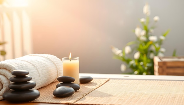 Spa and wellness massage setting Still life with candle towel and stones Outdoor summer background