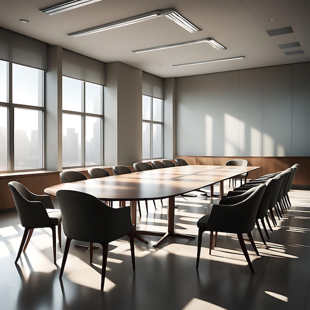 The space appears unused and quiet in an empty conference room featuring a table and chairs