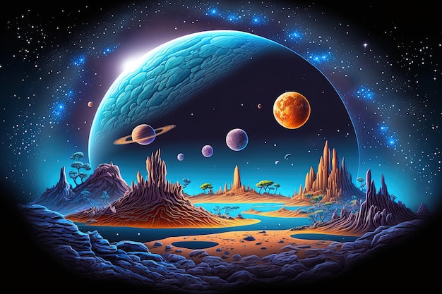 A space backdrop featuring an exotic planets scenery