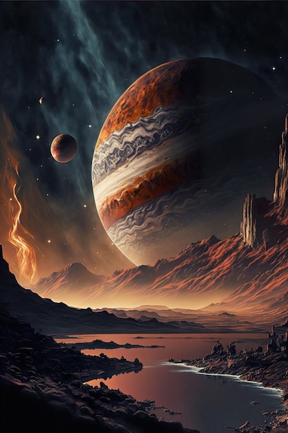 Space background illustration of Jupiter satellite Jupiter landscape with rocks and craters with liquid inside orange planet empty surface cloudy sky Elements image furnished by NASA