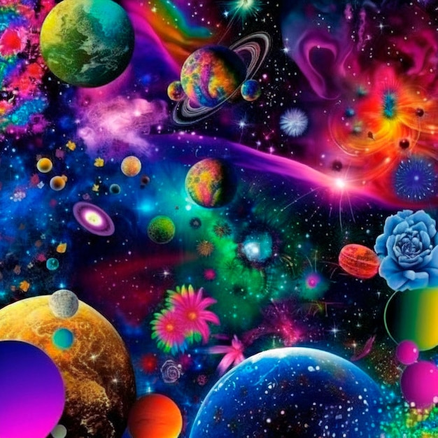 Space background with different elements of rainbow colors