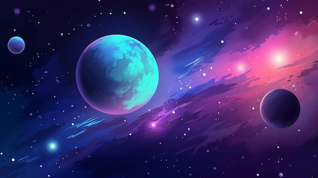 A space background with planets and stars.