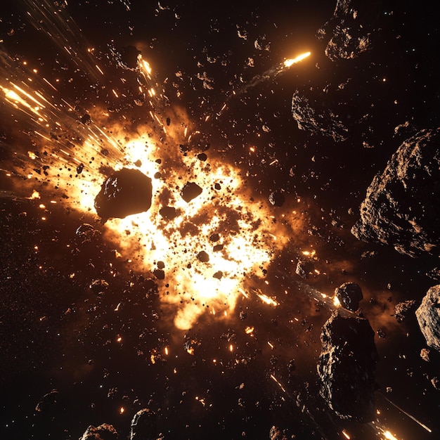 Photo space battle in an asteroid field debris scattering with each explosion