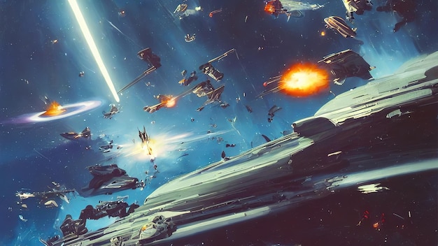 Space battle of spaceships and battle cruisers laser shots sparks and explosions Space fighters are attacking a military base 3d illustration