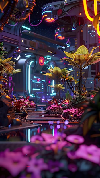 Space Colony alien plants futuristic design neon lights scifi environment 3D render Chromatic Aberration Vignette Split screen view