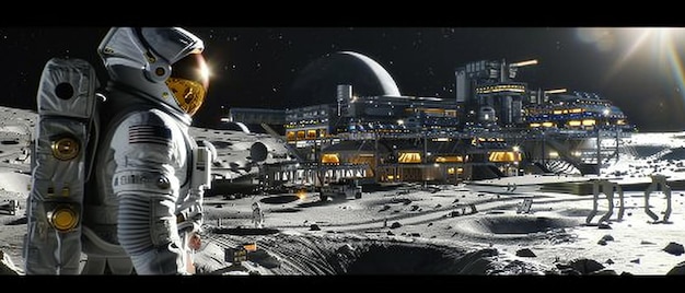 Photo space colony on the moon with astronauts