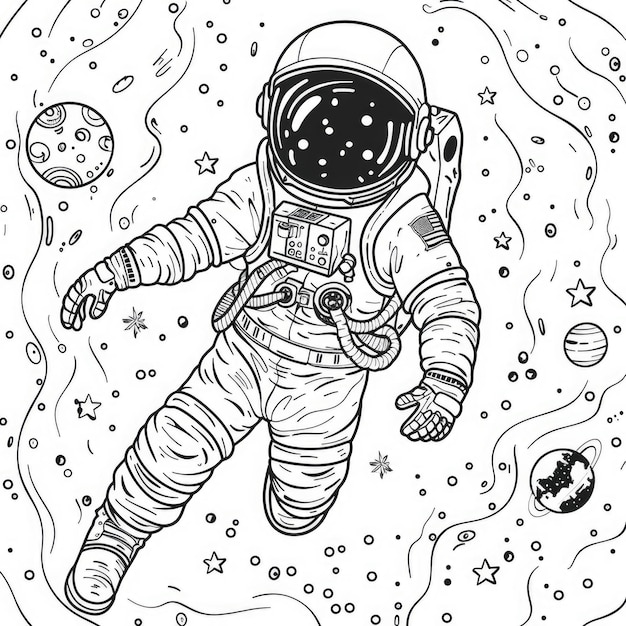 Space Coloring Page Astronaut Adventure in Cosmic Universe with Planets and Space Background