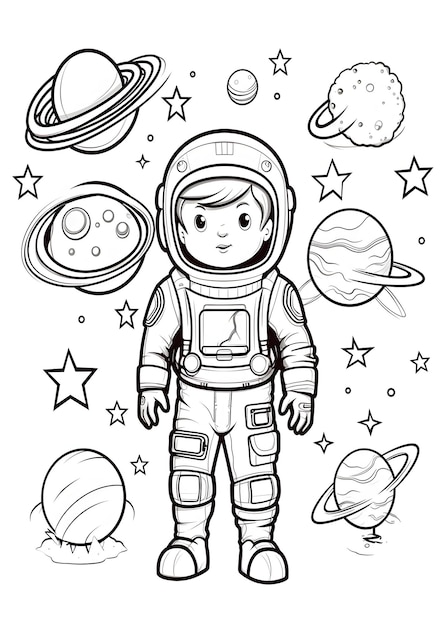 Photo space coloring page astronaut coloring page space astronaut rocket planets line art for coloring page kids coloring page and book space coloring page for kids ai generative