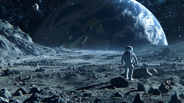 Space conquest and back to the moon race concept image with an astronaut walking on the moon and vie