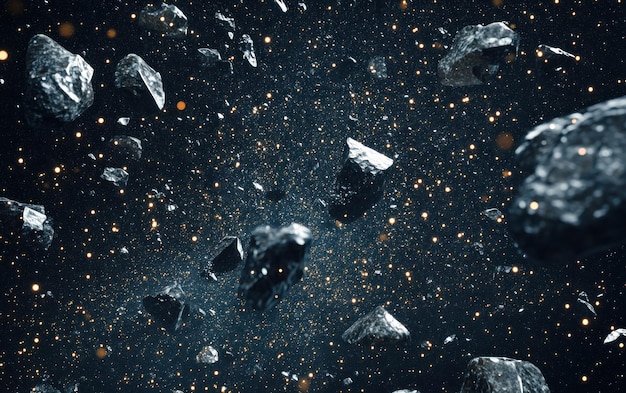 Photo space debris field with golden glimmering stars