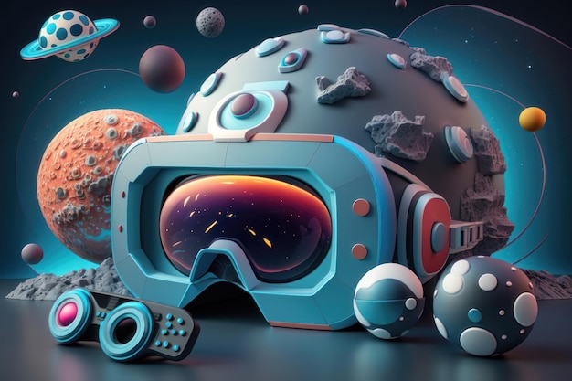 Space design with realistic 3d planets and space asteroids and comets game virtual glasses and gamepad AI generated