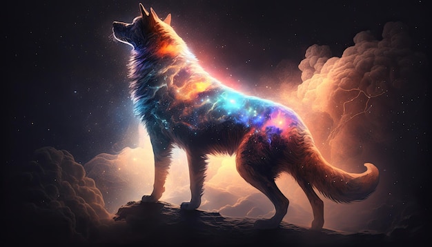 Space Dog in space Godlike creature cosmic awe inspiring dreamy digital illustration Generative ai