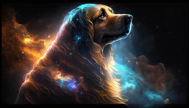 Space Dog in space Godlike creature cosmic awe inspiring dreamy digital illustration Generative ai