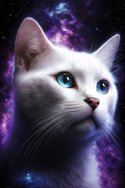 Space fantasy cat. Illustration of adorable kitten with nice fur and funny face expressions created with Generative AI technology