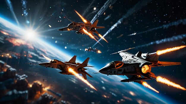 Photo space fighters dogfighting in orbit futuristic space battle hightech spacecraft