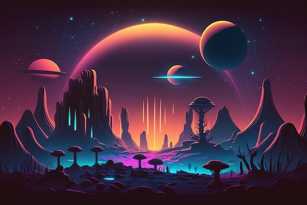 A space landscape with planets and a planet in the background.