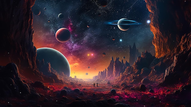 A space landscape with planets and stars