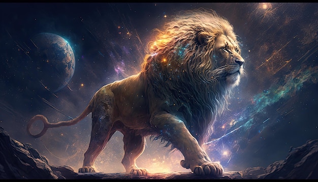 Space Lion in space Godlike creature cosmic awe inspiring dreamy digital illustration Generative ai