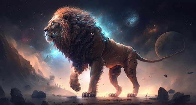 Space Lion in space Godlike creature cosmic awe inspiring dreamy digital illustration Generative ai