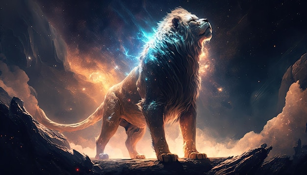 Space Lion in space Godlike creature cosmic awe inspiring dreamy digital illustration Generative ai