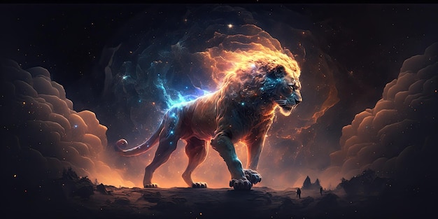 Space Lion in space Godlike creature cosmic awe inspiring dreamy digital illustration Generative ai