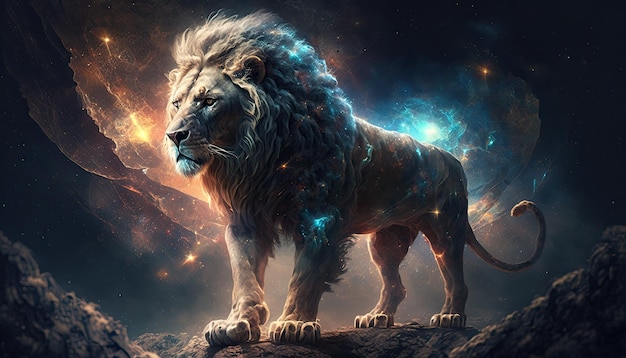 Space Lion in space Godlike creature cosmic awe inspiring dreamy digital illustration Generative ai