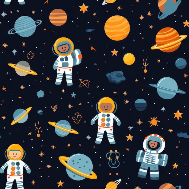 Space planets astronauts exploration seamless pattern