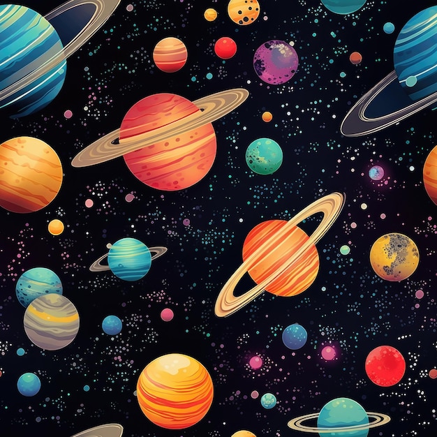 Space planets galaxies seamless pattern