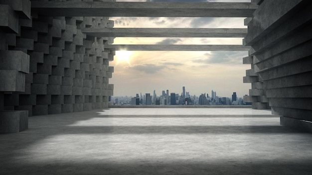 Space for products is shown in the concrete hallway with the city in the evening background3D rende