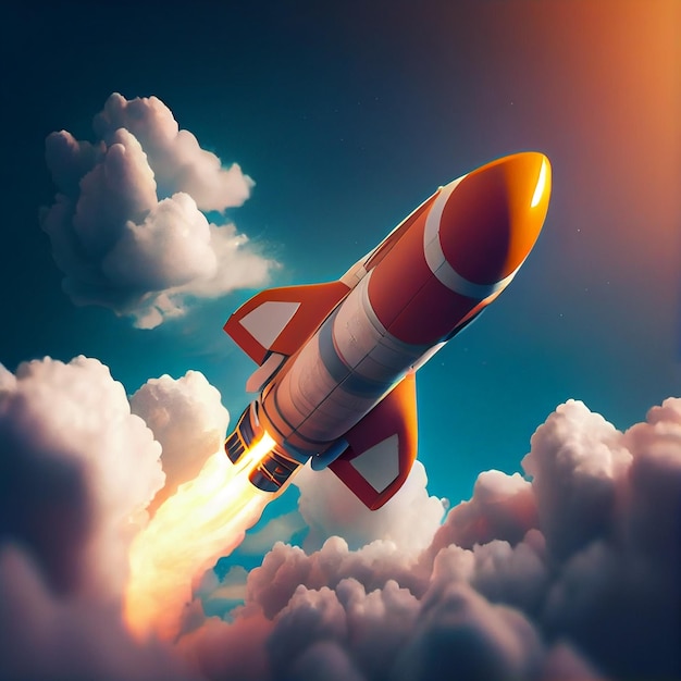 Space rocket flying toward the clouds believable rocket icon Having a successful company concept is a challenge launching a fresh project start up concept Generative AI