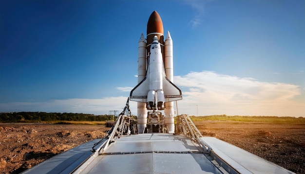 Photo space rocket ready for launch panoramic closeup of natural landscape background