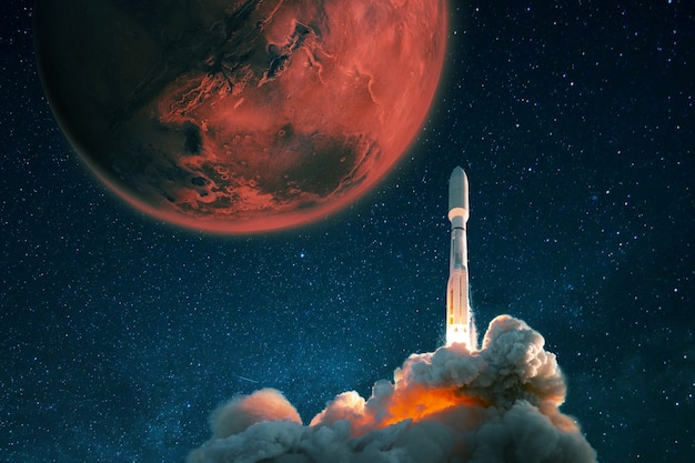 Space rocket shuttle takes off into the starry sky to Mars. Exploration and settling of the red planet Mars, concept. Spaceship with smoke and blast lift off into space.