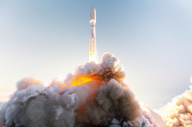 Space rocket takes off into space with clouds of smoke and fire against the clear blue sky. Successful start of the mission and will go into outer space. Spaceship lift off concept