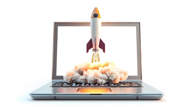 space rocket taking off from laptop business startup launching concept new beginning and success