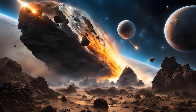 Space rocks falling on planet blasts and crashes of comets