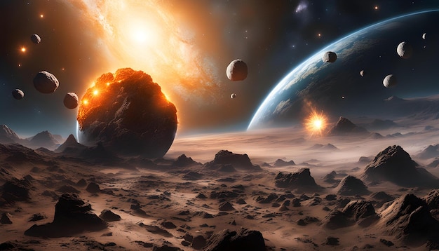 Space rocks falling on planet blasts and crashes of comets