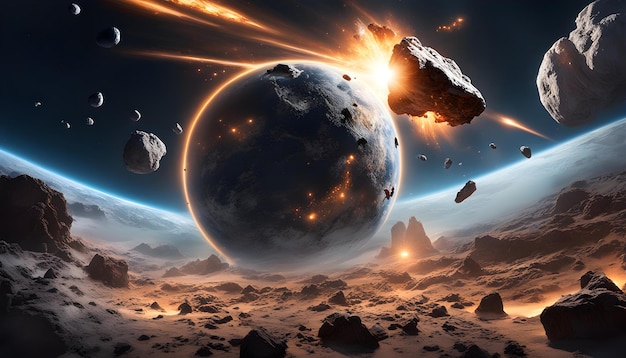 Space rocks falling on planet blasts and crashes of comets