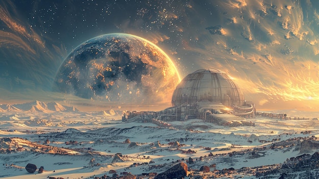 A space scene with a large planet and a small planet with a large dome on it