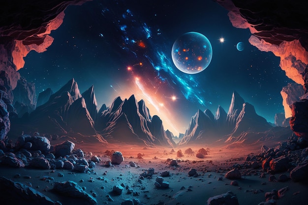 A space scene with a planet and mountains and a planet with stars