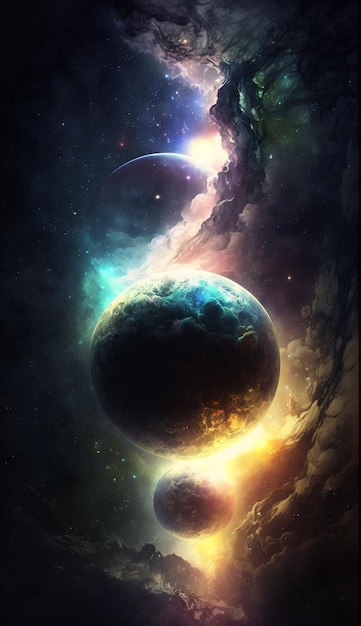 A space scene with planets and clouds