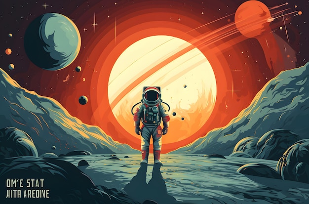 Space science fiction future Vector retro illustrations of astronaut galaxy planet moon space