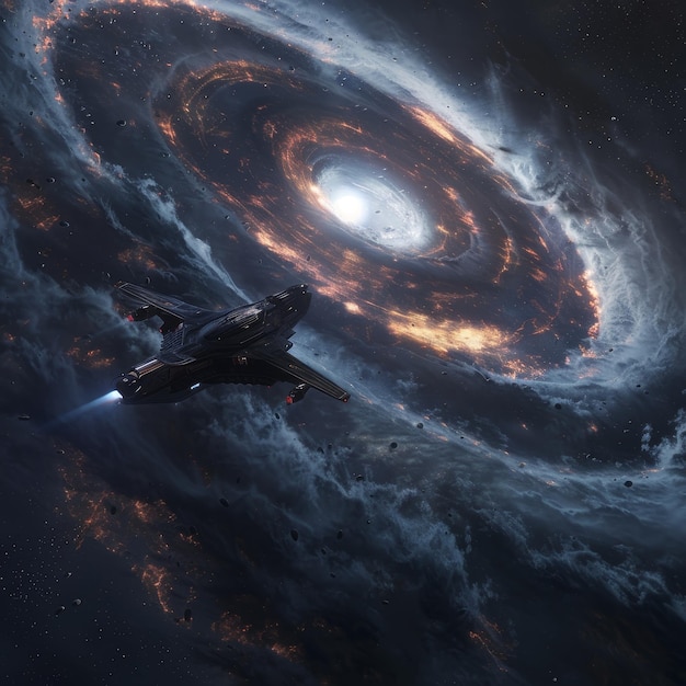 a space ship is flying through a galaxy with stars and a star in the background