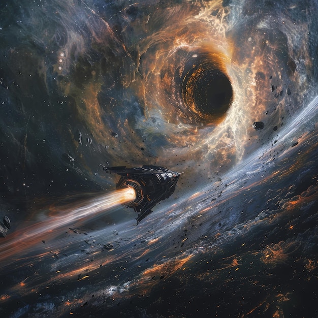 a space ship is flying through a space with a man in a black jacket