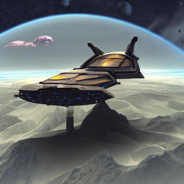 a space ship is shown in the space with a purple object in the background