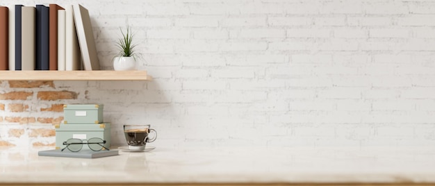 A space for showcase products on a white tabletop with objects against the rustic white brick wall