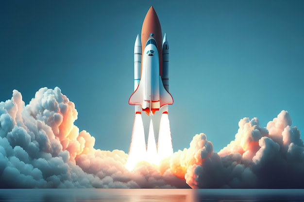 Space shuttle on blue background Rocket in the sky Space ship in space Elements of this image furnished by NASA Generative Ai