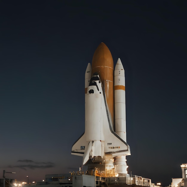 a space shuttle on display at night with lights on