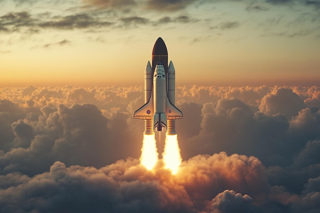 Photo a space shuttle is flying in the sky above the clouds